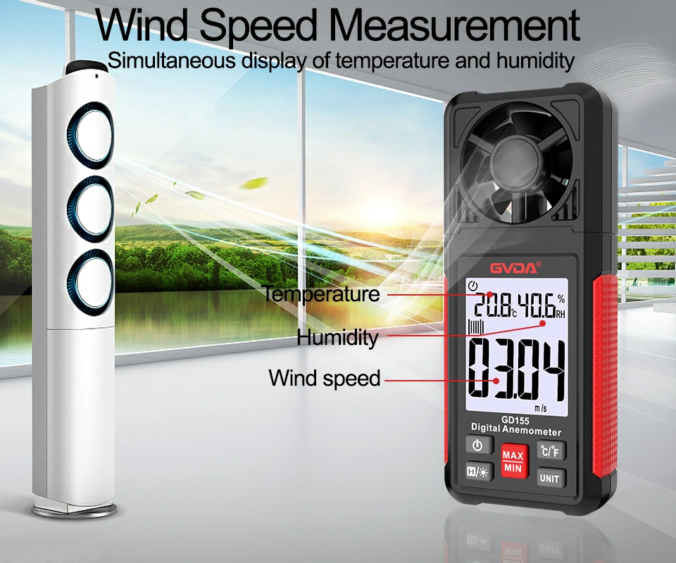 Gvda Portable Wind Speed Meter Air Velocity Gauge Windmeter Digital Anemometer with LCD Backlight Display Temperature Humidity Meter