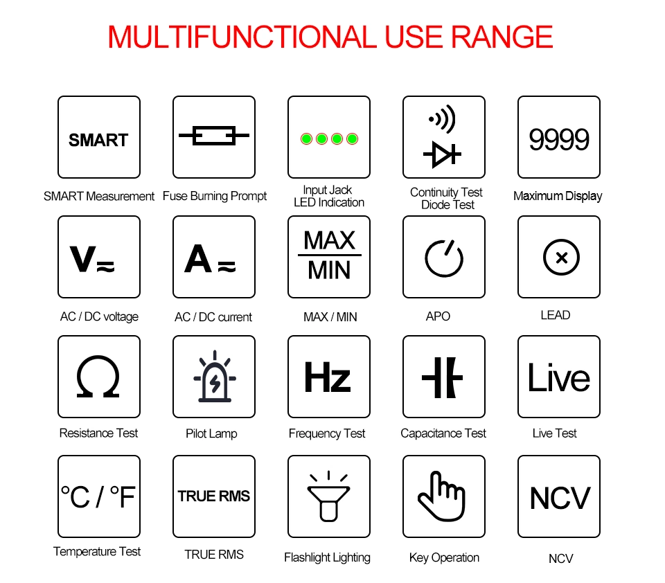 New 9999 Counts Smart Auto Range 1000V 10A Dmm Multitester Tester Meter Ohm Hz Capacitance Rel True RMS AC DC Digital Multimeter